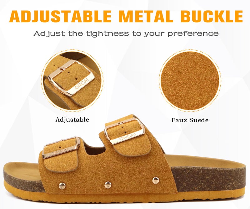 ONCAI Womens Comfortable Sandals Knock Off Clogs Sandals Women Dressy Summer Flat with Arch Support Two Strap Slip On Adjustable Buckle Slides Shoes for Women Yellow Size 9 - Image 3